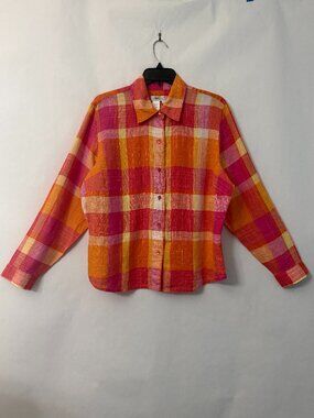 Coldwater Creek Linen Long Sleeve Button Up Shirt Color Block Madras Plaid Sz 2X